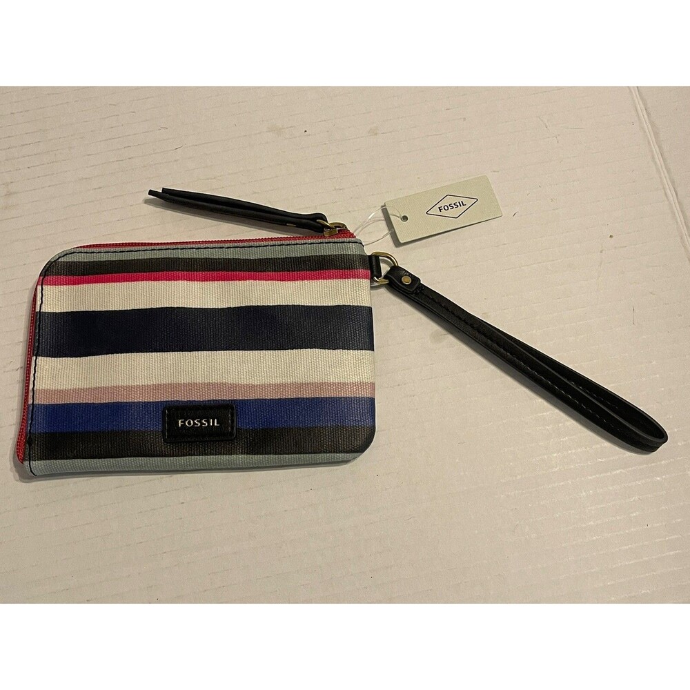 NWT Ladies Fossil Eliza Rainbow Striped Zip Wristlet Purse Wallet Coated Canvas